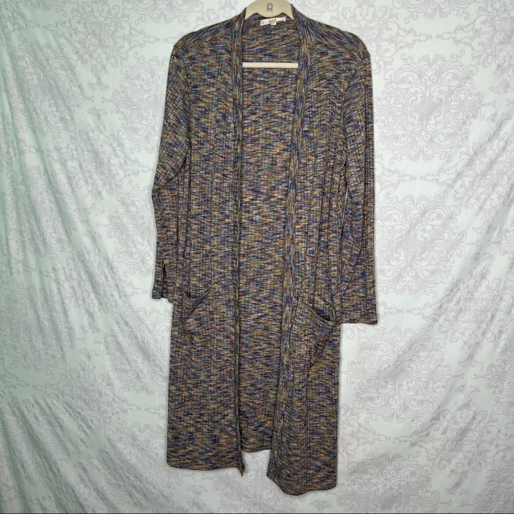 ANOTHER REASON Marled Marbled Open Front Longline Cardigan Sweater Pockets XL